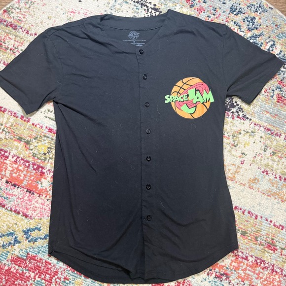 Space Jam Baseball Jersey Button Down Shirt Cartoon Graphic Black Size M Y2K‎ - Picture 1 of 5
